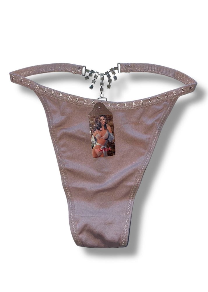 Brown thong with a model image on a white background