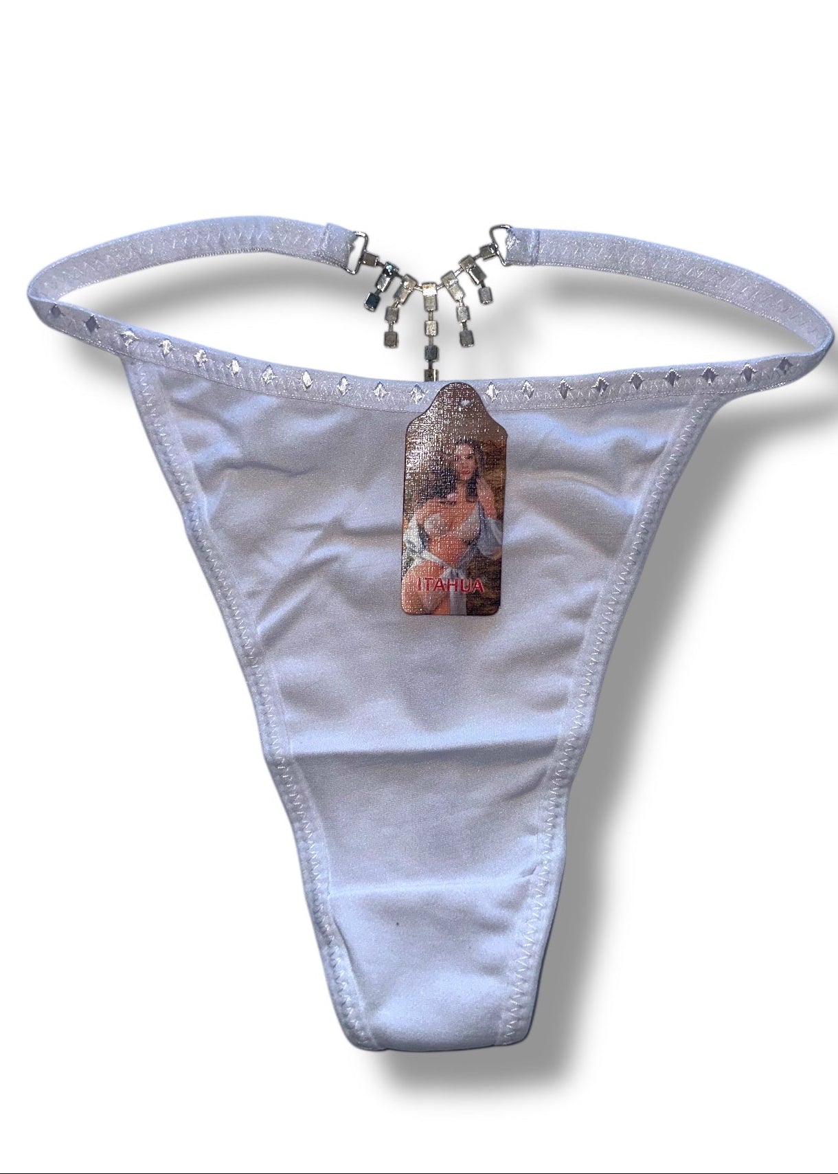 White thong with a printed design on a white background