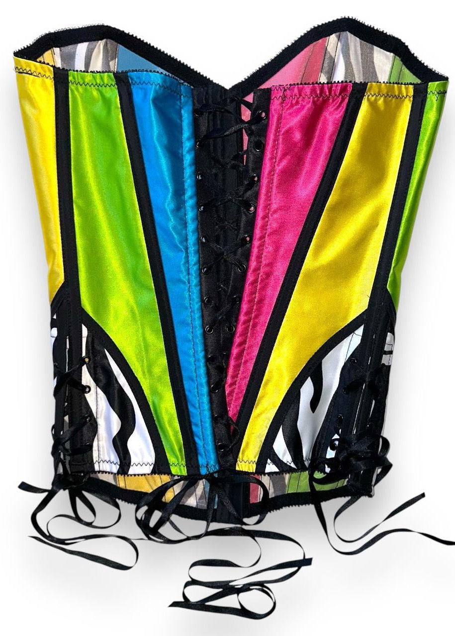 Colorful corset with rainbow panels on a white background