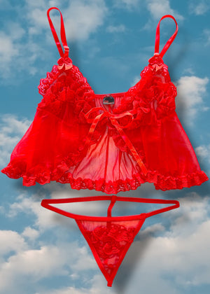 90s Red Babydoll Tie-Front Cami Top, Matching Ruffle-Lace Sheer Panty | Valentines Lingerie Set