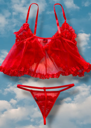 90s Red Babydoll Tie-Front Cami Top, Matching Ruffle-Lace Sheer Panty | Valentines Lingerie Set