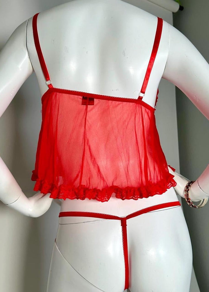 90s Red Babydoll Tie-Front Cami Top, Matching Ruffle-Lace Sheer Panty | Valentines Lingerie Set
