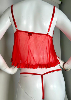 90s Red Babydoll Tie-Front Cami Top, Matching Ruffle-Lace Sheer Panty | Valentines Lingerie Set