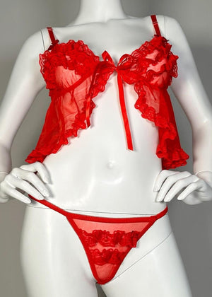 90s Red Babydoll Tie-Front Cami Top, Matching Ruffle-Lace Sheer Panty | Valentines Lingerie Set