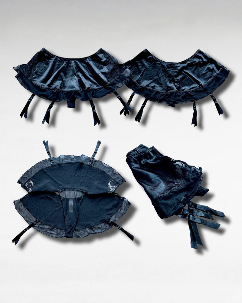 90s Vintage Satin Sheer Garter Skirt Thong Set | USA-Made