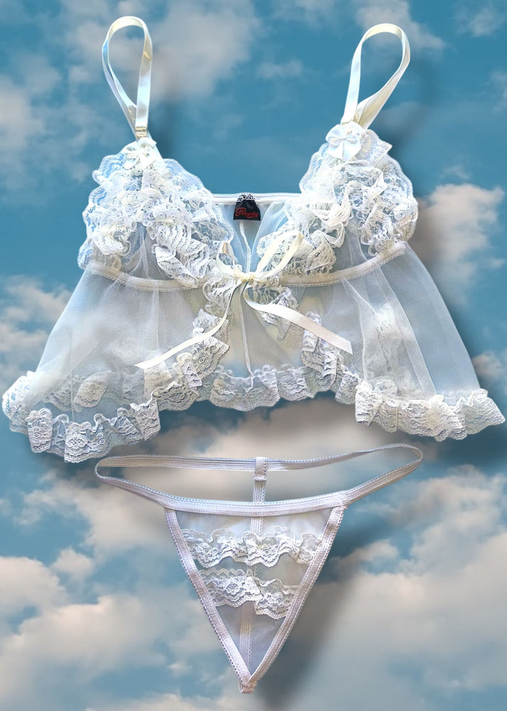 90s White Babydoll Tie-Front Cami Top, Matching Ruffle-Lace Sheer Panty | Valentines Lingerie Set