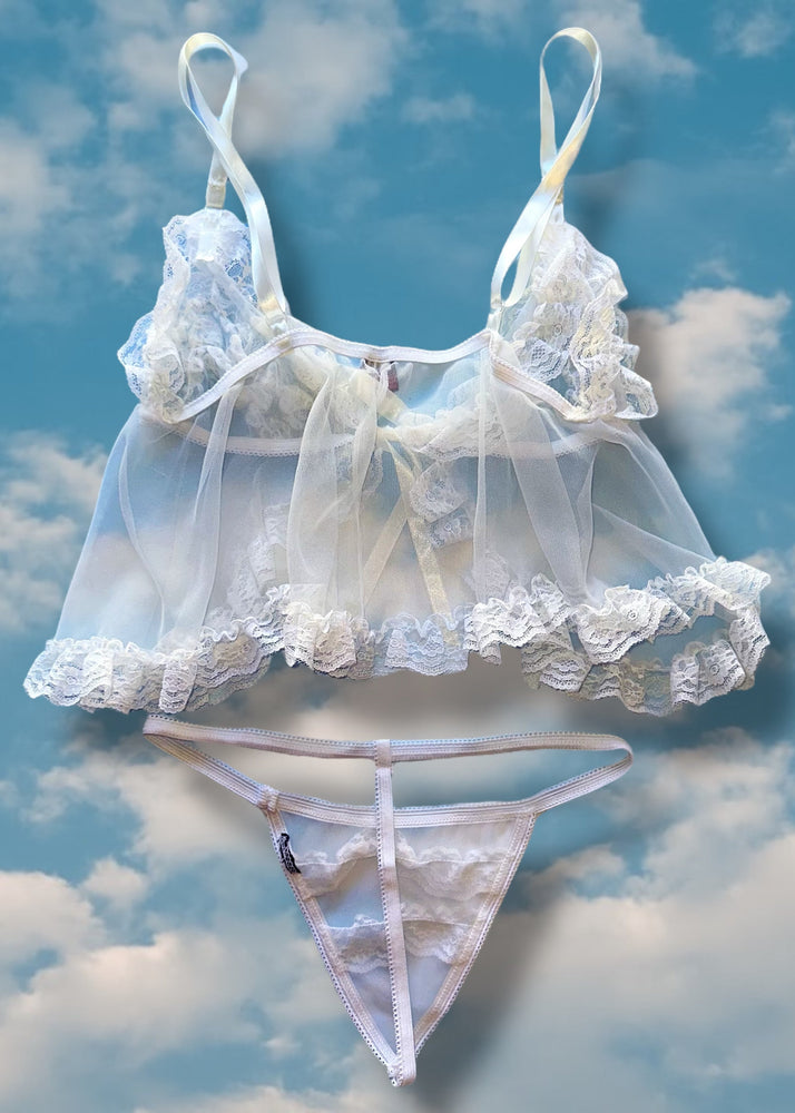 90s White Babydoll Tie-Front Cami Top, Matching Ruffle-Lace Sheer Panty | Valentines Lingerie Set