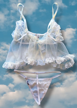 90s White Babydoll Tie-Front Cami Top, Matching Ruffle-Lace Sheer Panty | Valentines Lingerie Set