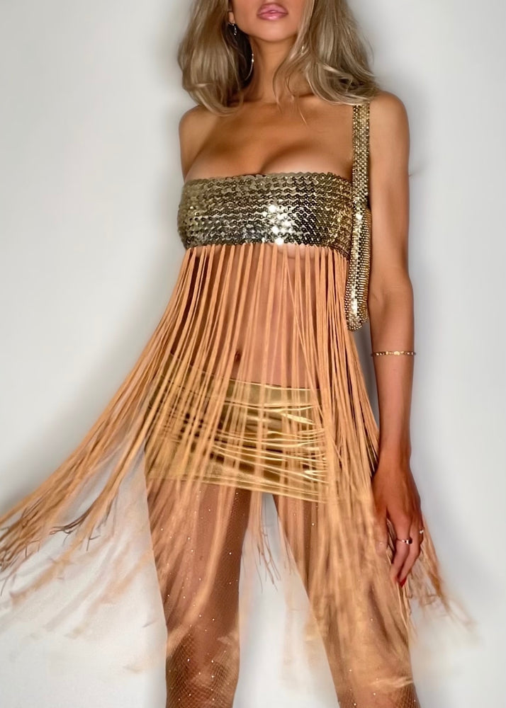 90s Showgirl Handmade Gold Fringe Sequin Tube Top Dress / Flapper Midi Skirt – Vintage Costume