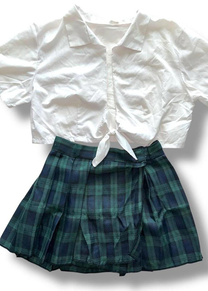 Y2K Schoolgirl Costume Set | Plaid Pleated Mini Skirt + Tie-Front Blouse