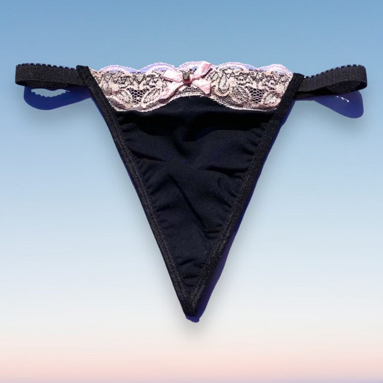 
                      
                        Diamanté Charm Bow Thong Panty | Black & Pastel Pink
                      
                    