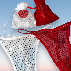 2 Pair Sequin Heart Thong Panty Bundle + Matching Cinch Pouches