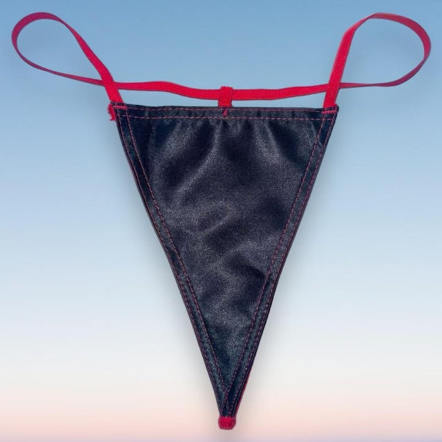 
                      
                        Red Trim Skimpy Shimmer G-String Thong Panty | Black Satin
                      
                    