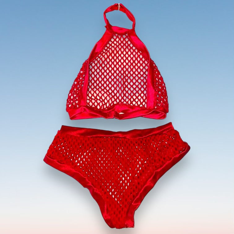 
                      
                        Y2K High Neck Bralette & Cheeky Booty Short Bottom 2 Pc. Lingerie Set | Red Sheer Fishnet
                      
                    