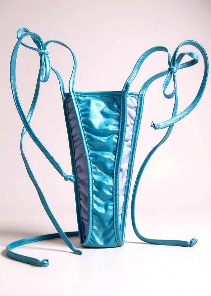Y2K Tie Side Thong Bikini Bottom – Shimmer Pastel Blue, White & More