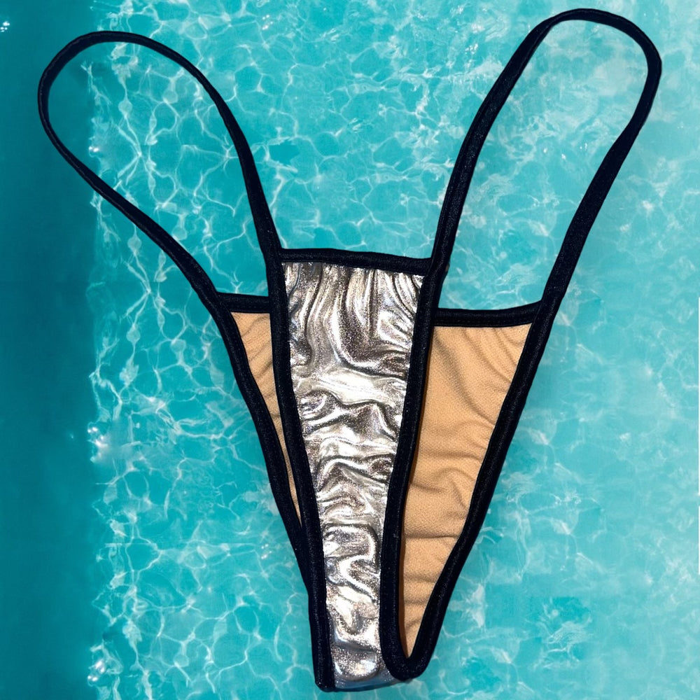 
                      
                        Y2K Strappy Thong Ringer Bikini Bottom | Wet Look Silver
                      
                    