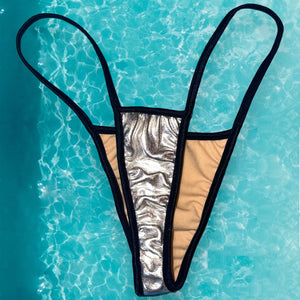 Y2K Strappy Thong Ringer Bikini Bottom | Wet Look Silver