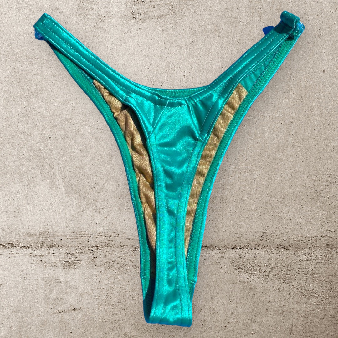 90's Teal Satin Clip-Side Thong Minimalist Bikini Bottom, Ultra Flattering Fit | MEDIUM