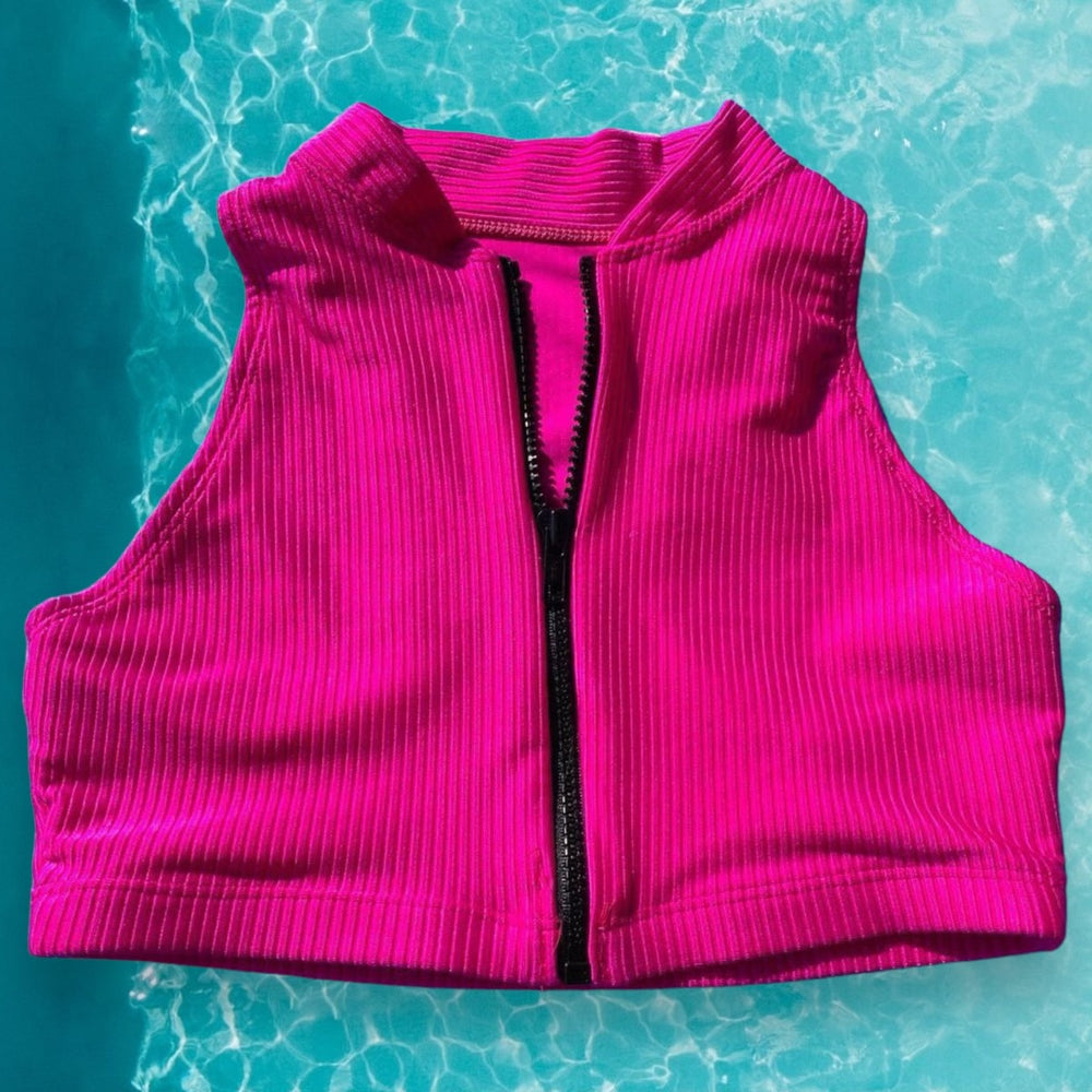 
                      
                        90’s Sporty Zip Front Ribbed Crop Swimsuit Top | Candy Pink
                      
                    