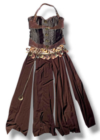 Bronze Siren Vintage Y2K 3PC Set | Embroidered Corset, Chain Belt + High-Slit Maxi Skirt L/36