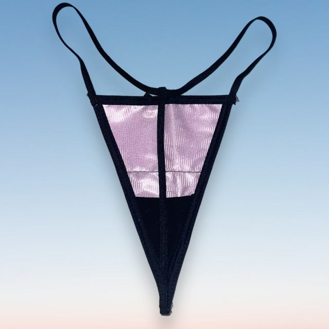 Black Lace Trim Skimpy Shimmer G-String Thong Panty | Lavender Satin