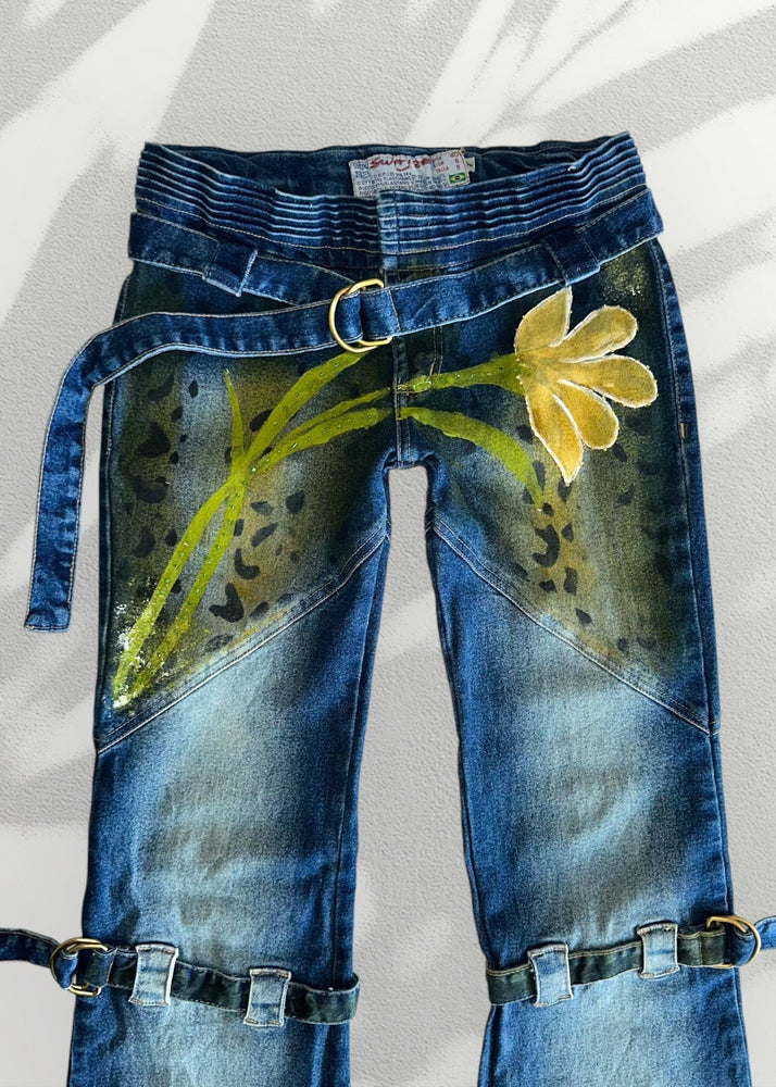 Y2K Bondage Strappy Belted Low-Rise Flared Pocketless Floral Vintage Painted Jeans – Size 6