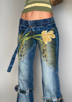 Y2K Bondage Strappy Belted Low-Rise Flared Pocketless Floral Vintage Painted Jeans – Size 6