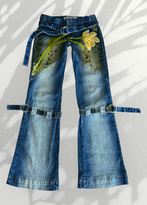 Y2K Bondage Strappy Belted Low-Rise Flared Pocketless Floral Vintage Painted Jeans – Size 6