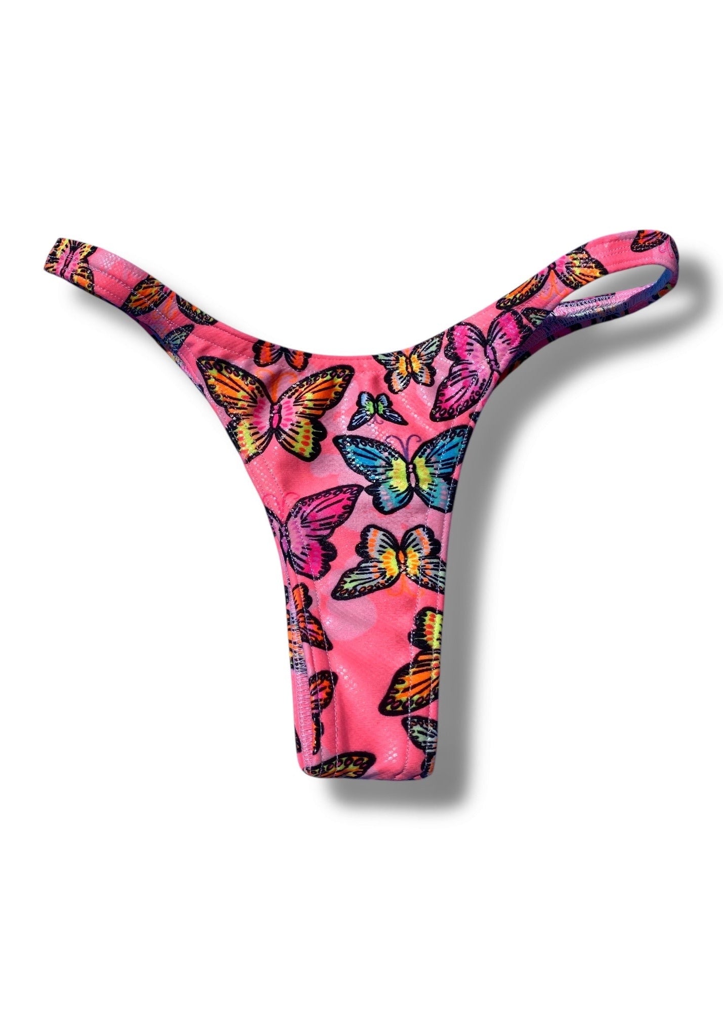 Pink thong with butterfly pattern on a white background