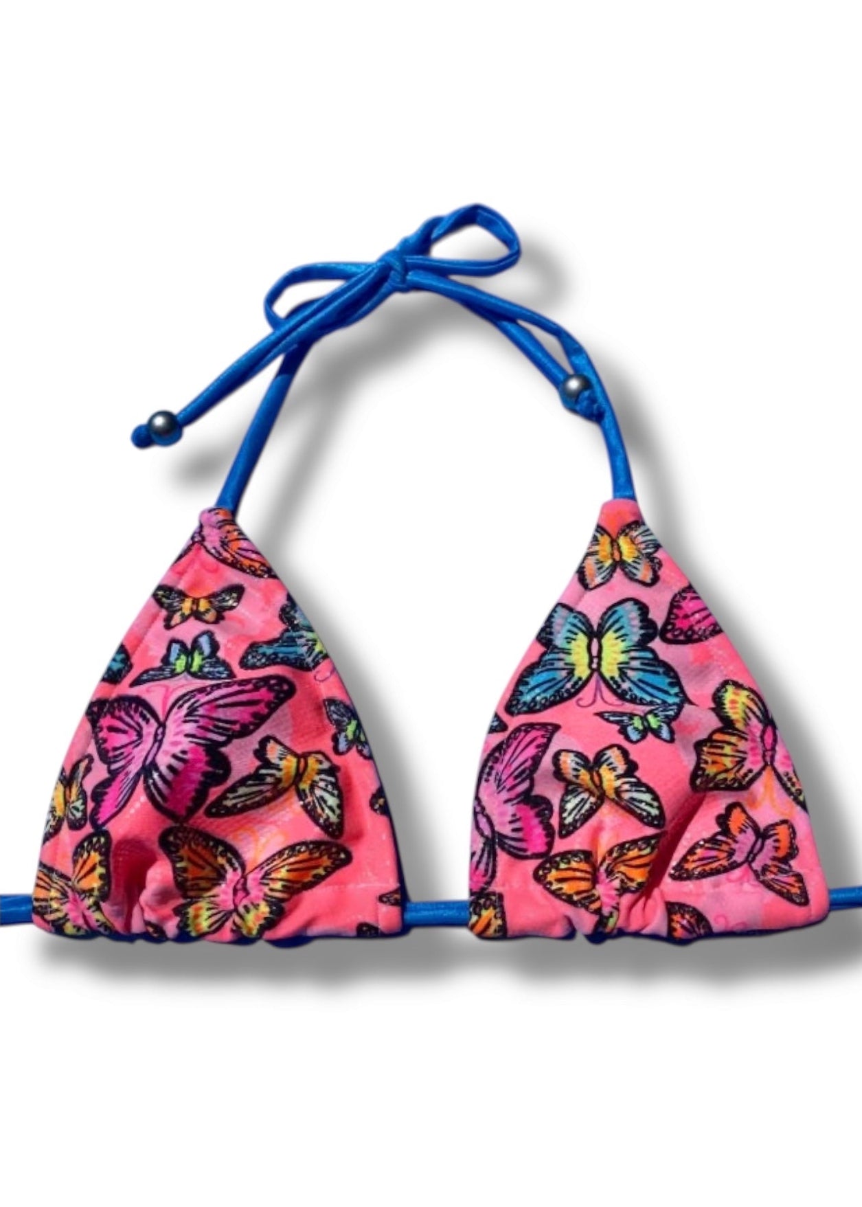 Pink bikini top with butterfly pattern on a white background