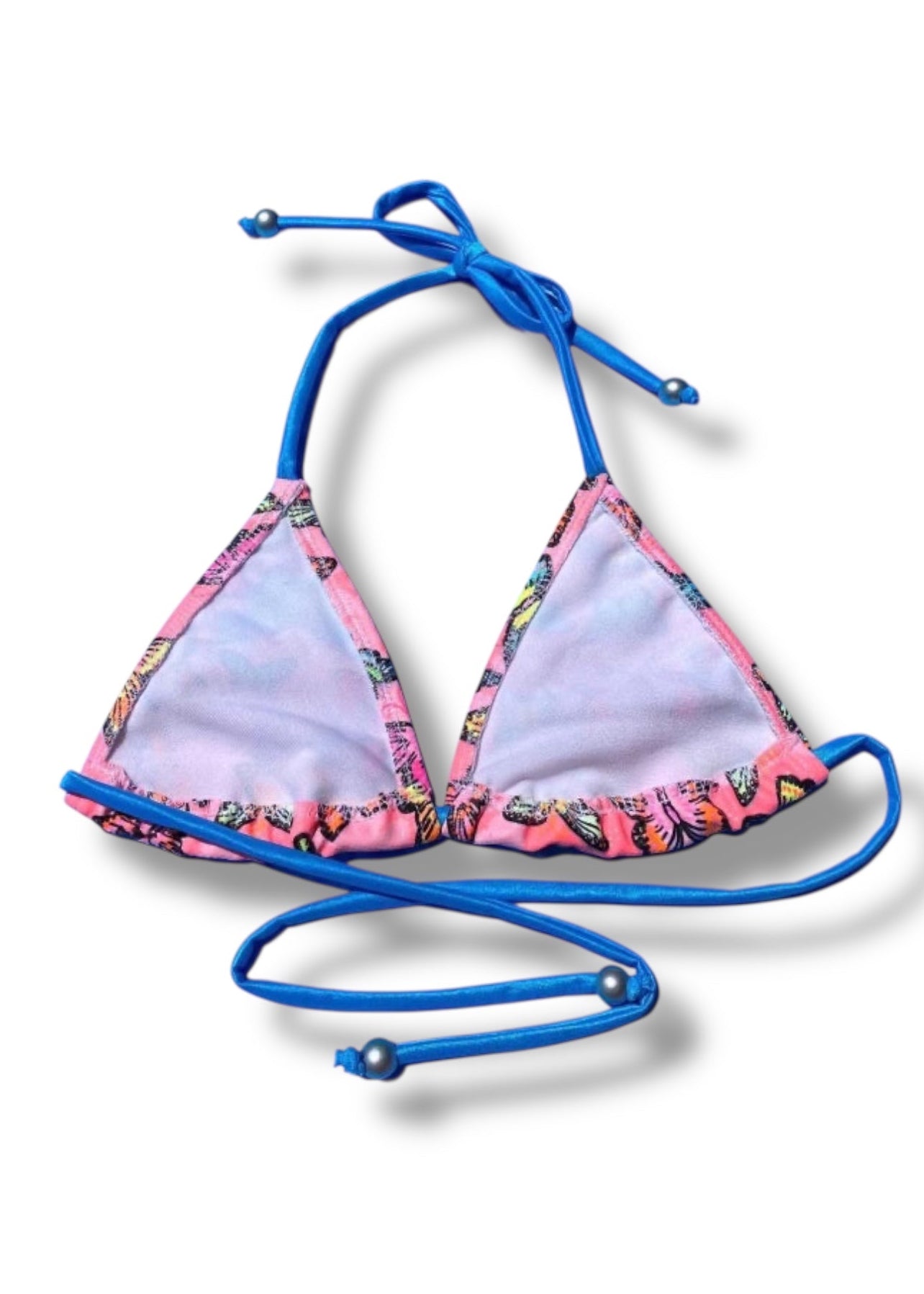 Triangular bikini top with colorful pattern and blue straps on a white background