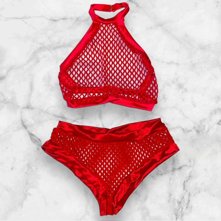 
                      
                        Y2K High Neck Bralette & Cheeky Booty Short Bottom 2 Pc. Lingerie Set | Red Sheer Fishnet
                      
                    