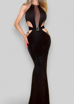 Vintage Couture Black Backless Prom Gown with Diamanté Waist Belt | Floor Length Bodycon Dress