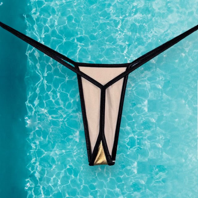 
                      
                        Y2K Ringer G-String Bikini Bottom | Metallic Gold & Black
                      
                    