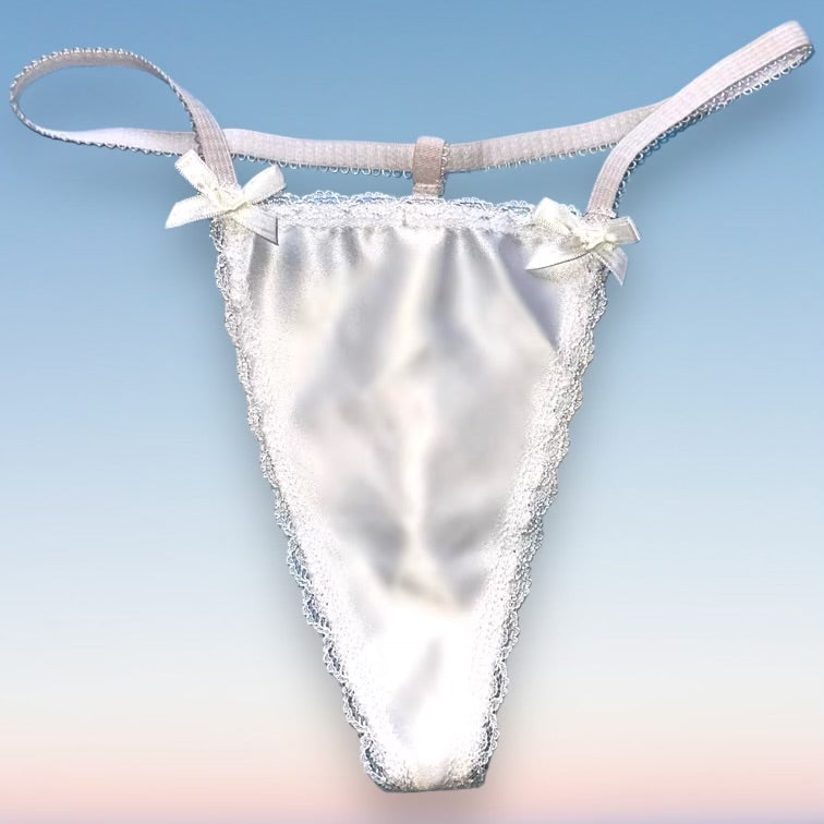 
                      
                        Coquette White Satin Shimmer Thong Panty | White Satin Bows
                      
                    