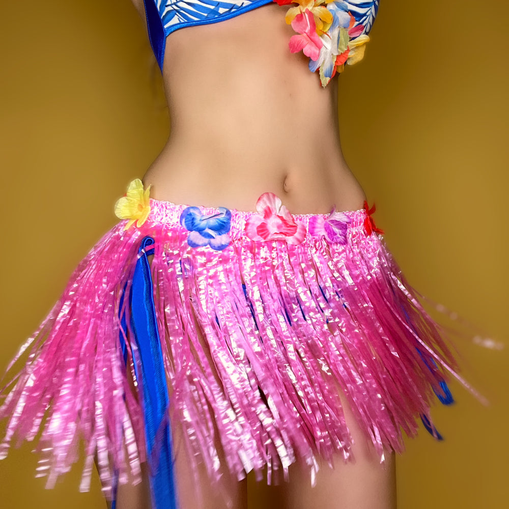 Y2K Pink Grass Hula Skirt & Flower Lei Costume Set