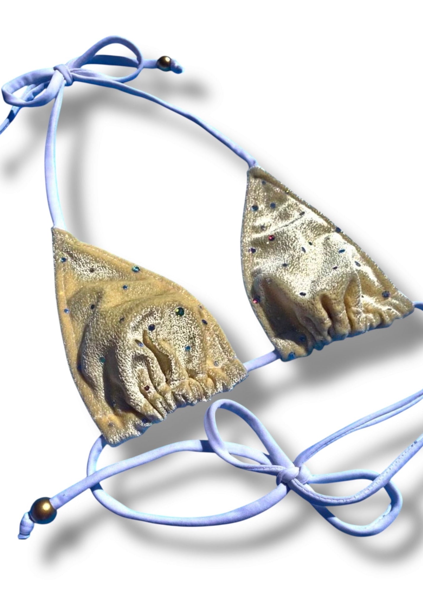 Gold bikini top with blue straps on a white background