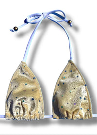 Gold bikini top with blue straps on a white background