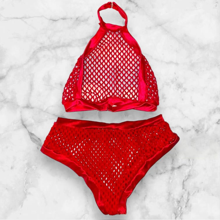 
                      
                        Y2K High Neck Bralette & Cheeky Booty Short Bottom 2 Pc. Lingerie Set | Red Sheer Fishnet
                      
                    