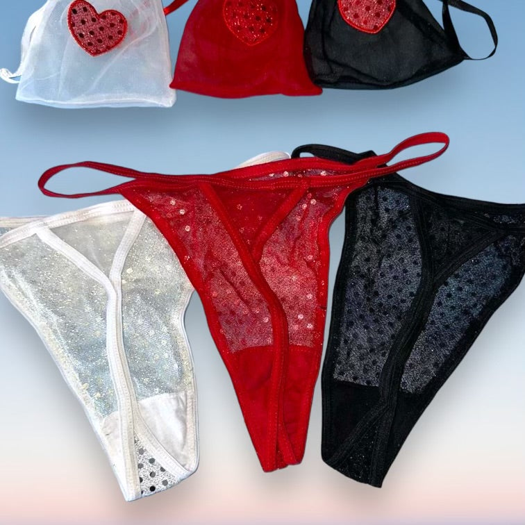 
                      
                        3 Pair Sequin Heart Thong Panty Bundle + Matching Cinch Pouches
                      
                    