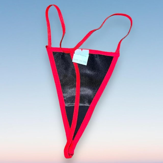 Red Trim Skimpy Shimmer G-String Thong Panty | Black Satin