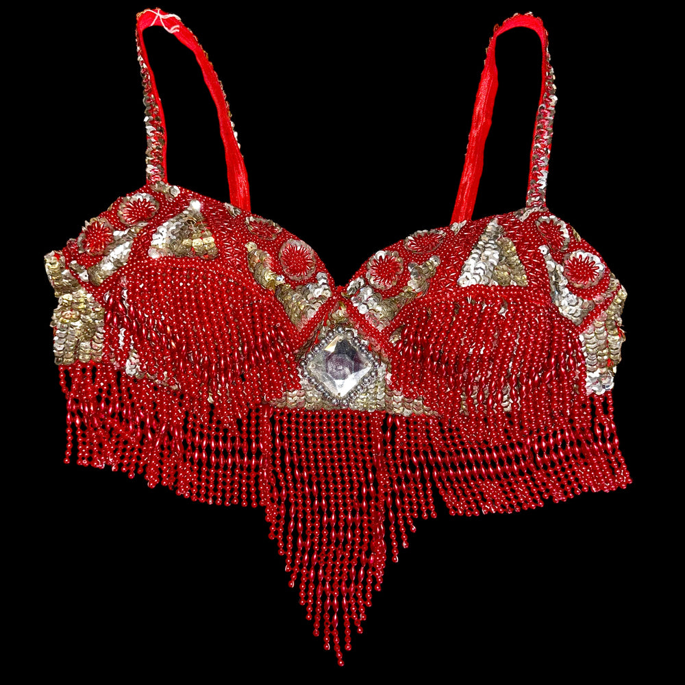 Hand-Beaded Red Embellished Fringe Vintage Crop Top | Boho Festival Style