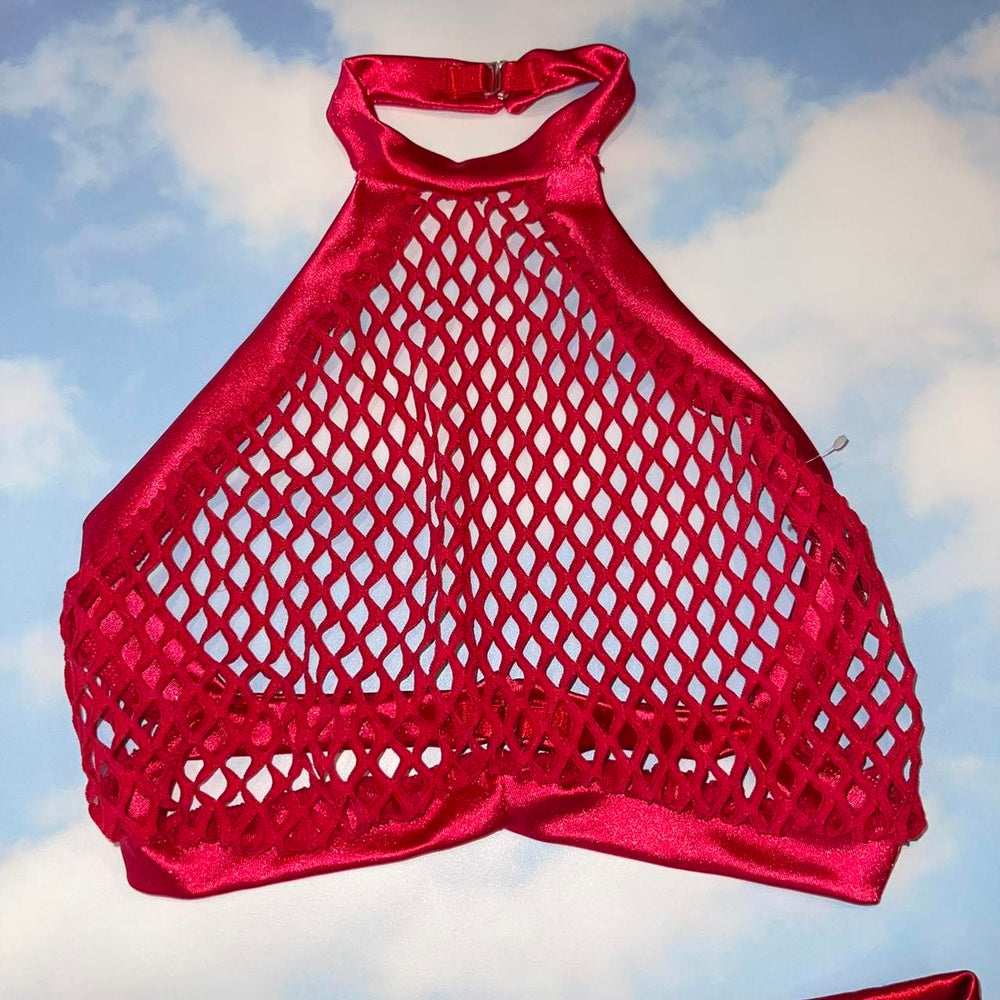 
                      
                        Y2K High Neck Bralette & Cheeky Booty Short Bottom 2 Pc. Lingerie Set | Red Sheer Fishnet
                      
                    