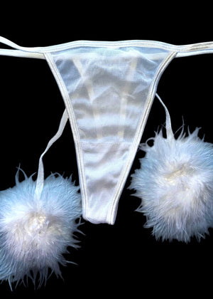 Fluffy Pom White Mesh Thong Panty Coquette Y2K Valentines Furry Lingerie