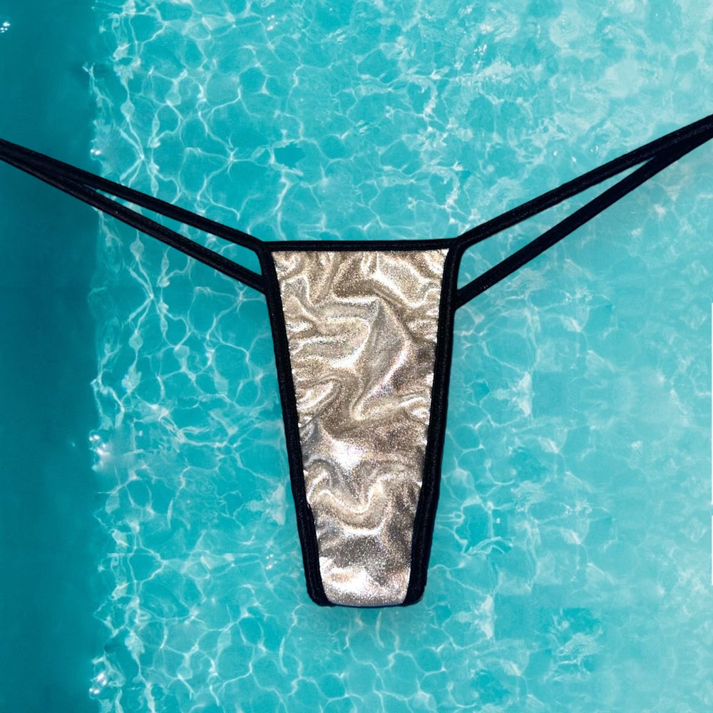 
                      
                        Y2K Strappy G-String Thong Ringer Bikini Bottom | Wet Look Silver
                      
                    