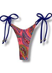 Colorful paisley-patterned bikini bottom with blue straps on a white background