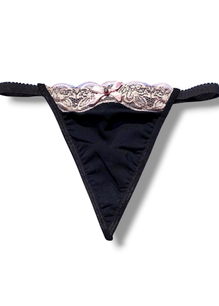Y2K Black Satin & Pink Lace Thong | Valentine Coquette Gift | Deadstock Vintage