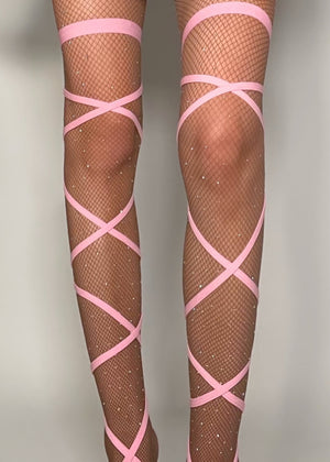 Diamanté Embellished Beige | Espresso, Fishnet Pantyhose Curve-Clinging Tights