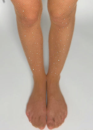 Diamanté Embellished Beige Fishnet Pantyhose Curve-Hugging Tights