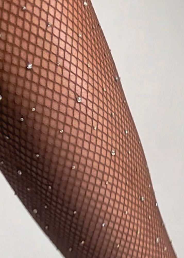 Diamanté Embellished Chocolate Fishnet Pantyhose Curve-Clinging Tights